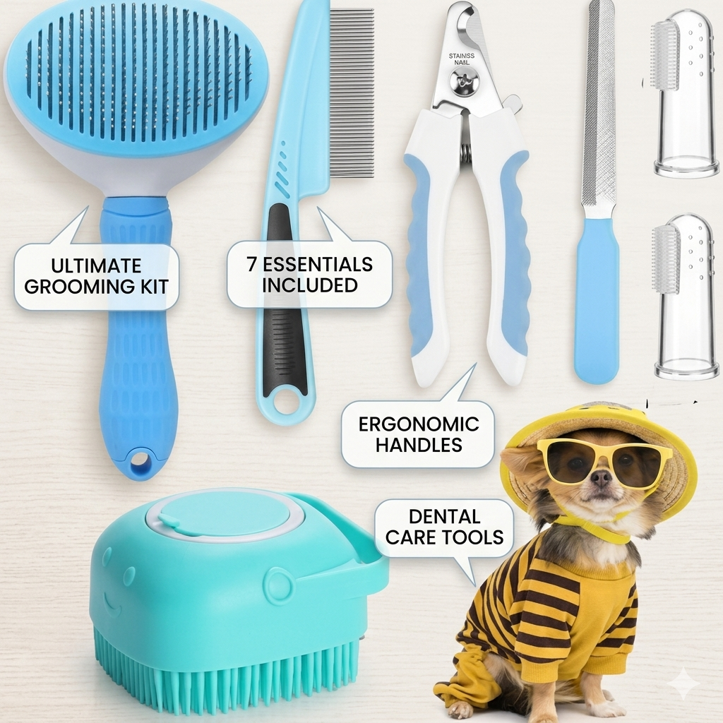7-Piece Pet Grooming Kit – Self-Cleaning Brush, Nail Clipper, Flea Comb & More